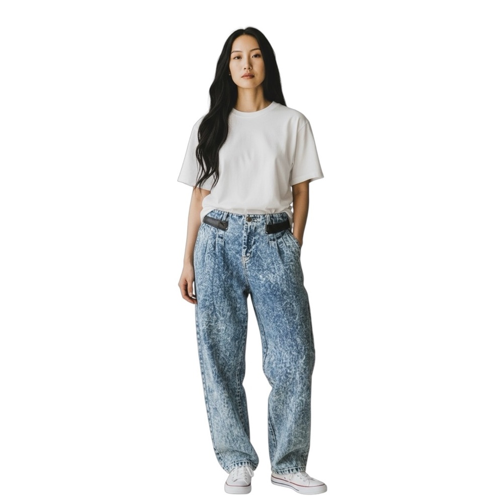 Vintage 80’s Bonjour Acid Washed High Rise Pleated Jeans With Leather Trim